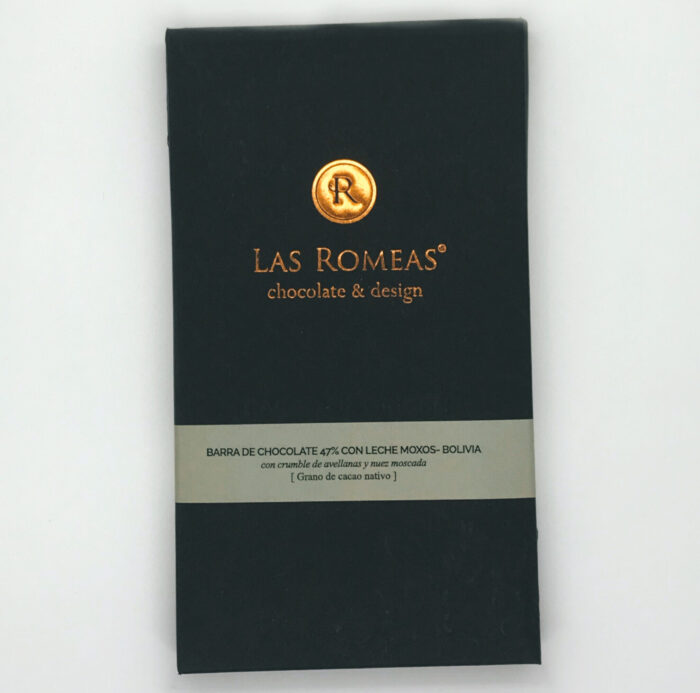 TABLETA LAS ROMEAS - 47% - CON CRUMBLE DE AVELLANAS Y NUEZ MOSCADA - MOXOS, BOLIVIA