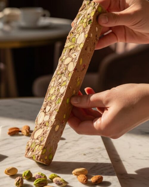 TURRÓN NEGRO PISTACHO, ALMENDRAS, FRUTOS ROJOS Y CHOCOLATE DE ORIGEN 300g