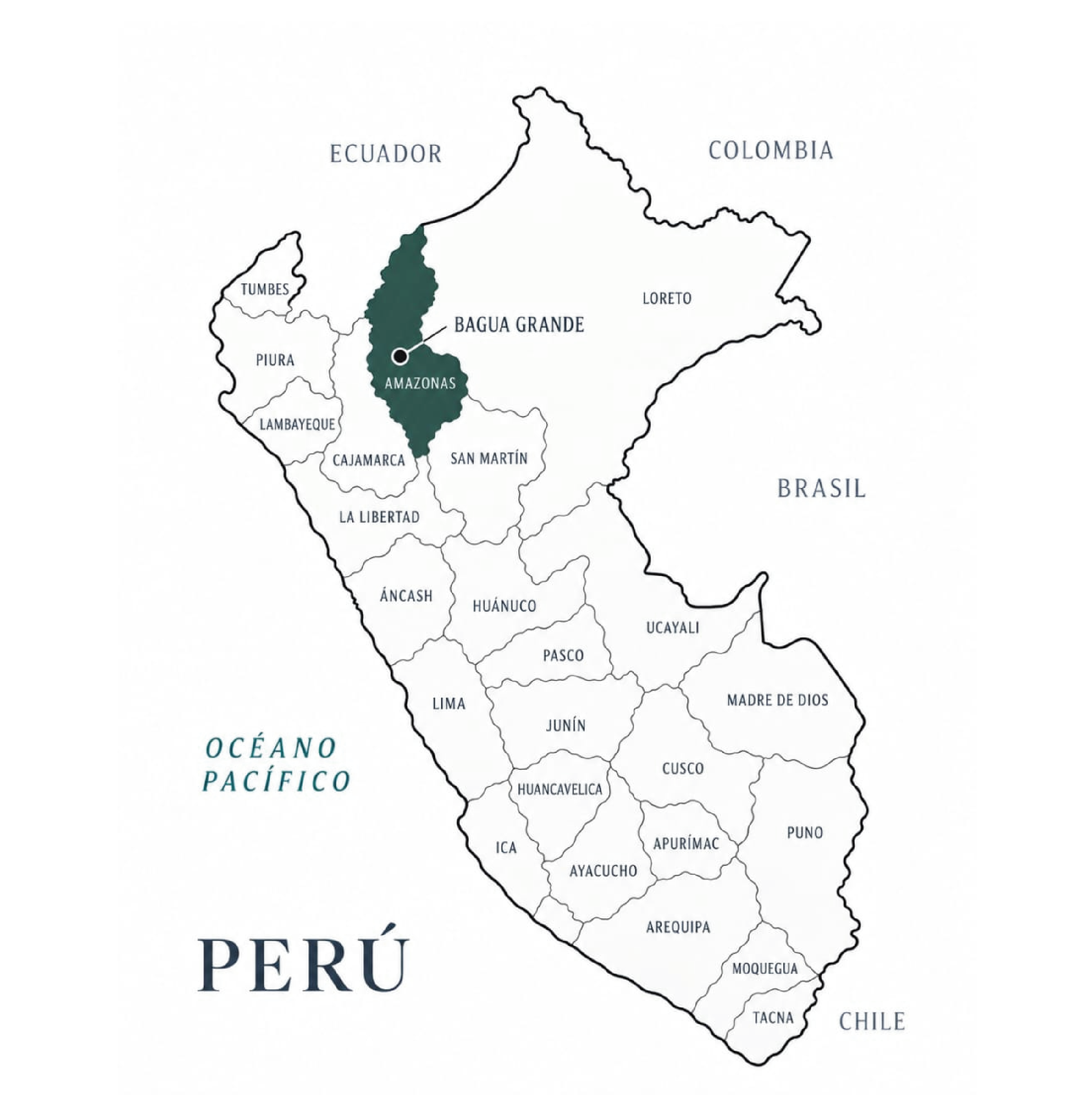Mapa de Perú con la región de Amazonas destacada y ubicación de Bagua Grande